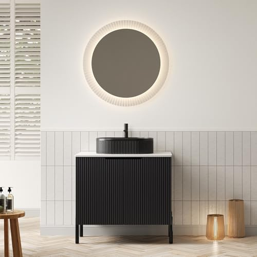 Tocador de baño independiente de 76 cm, con lavabo de cerámica a rayas ovalado negro, encimera de piedra blanca sinterizada Carrara, armario a rayas con puertas dobles, color negro y blanco