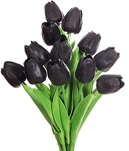 huaao 12pcs Tulipes Fleurs Artificielles en Latex Fausse Touche Réel Bouquet Décoration Nuptiale pour Vase Fête Mariage Maison Bureau, Arrangements Floraux, Noir