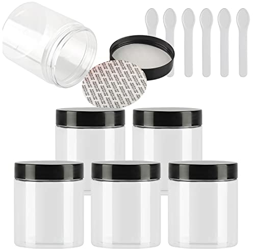 TIANZD 6 Stück Kleine 250 ml Transparent Kunststoff Leere Cremedose Dose mit Schwarz Deckel 250 g Leerdose Schraubdose Blechdosen Kosmetische Behälter Tiegel, 6 Stück Spatel