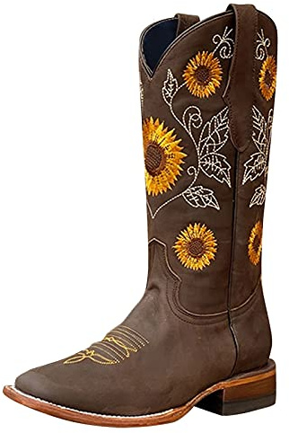 INLLADDY Botas de vaquero de girasol para mujer, estilo vintage, punta cuadrada, tacón grueso, botas vaqueras hasta la mitad de la pantorrilla con lengüetas de dominadas, café, 38 EU
