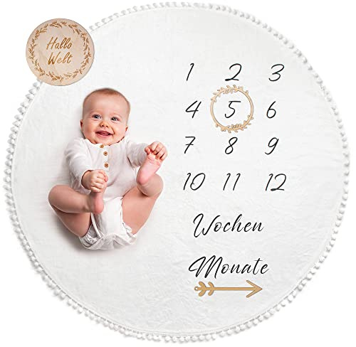 ODOXIA Baby Meilenstein Decke auf Deutsch | Runde Foto-Monatsdecke für Junge oder Mädchen, Unisex | Personalisiertes Geschenk zur Geburt für Mütter von Neugeborenen Babys | Mit Fotorahmen aus Holz