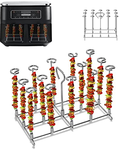 Zemoeng Air Fryer Skewer Rack for Ninja Dual, BBQ Rack with 14 Skewers, 304 Stainless Steel Grilling Rack Air Fryer Accessories for Double Basket Air Fryers AF300UK AF400UK and Ninja 7.6L-9.5L