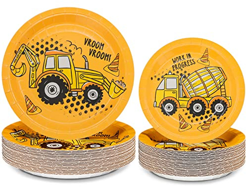 DYLIVeS 100 Pack Construction Birthday Party Plates Pack, Construction Theme Tableware Excavator 9'' & 7'' Paper Plates Dump Truck Party Supplies for Birthday, Serve 50
