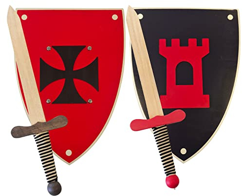 Pack 2 de Espadas y 2 Escudos de Caballero de Madera Artesanales - Juguete para Niños y Niñas - Complemento para Juegos, Juegos Imitación, Disfraz, Medieval, Guerrero, Fiesta Temática, Edad Media