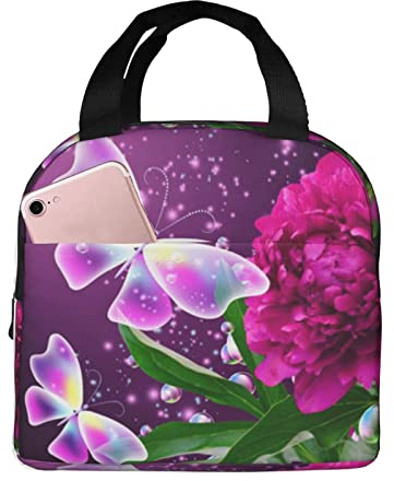 XVBCDFG Hermosa bolsa de almuerzo floral de mariposa púrpura Oficina al aire libre Papel de aluminio portátil Aislamiento grueso y bolsa Bento de mantenimien