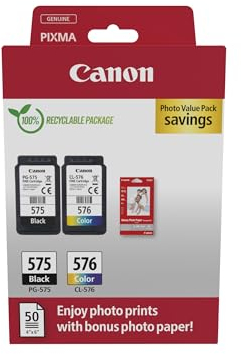 Canon Multipack Cartuccia & Carta - 2 Cartucce per Stampante Originali PG-575/CL-576 (1 x Nero, 1 x Colori) & 4x6 Carta Fotografica (50 x Fogli)