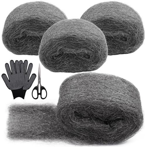 4 Pack Steel Wool Mice with Work Gloves and Scissors, 0000 Stainless Coarse Wire Wool Gaps Blocker, Wire Wool Can Stop Rats, Sealing Gaps, Cleaning, Polishing