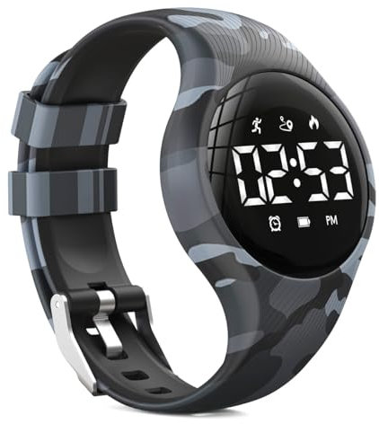 synwee Kids Digital Pedometer Watch, Step Counting Watch, Fitness Tracker, Waterproof, Date/Alarm Clock/Timer, for Children Teens Boys Girls Women (Camouflage Gray)