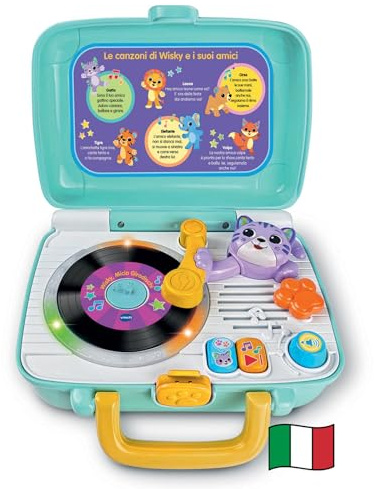 VTech Wisky, Micio Giradischi, Giradischi per Bambini, 5 Dischi Fronte-Retro, Regolazione Volume, Valigetta Inclusa, 6 Canzoni, Lingua Italiana, Batterie Incluse, 1-4 Anni