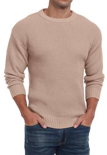 QIXING Pull à col rond texturé gaufré à manches longues pour homme, kaki, XL