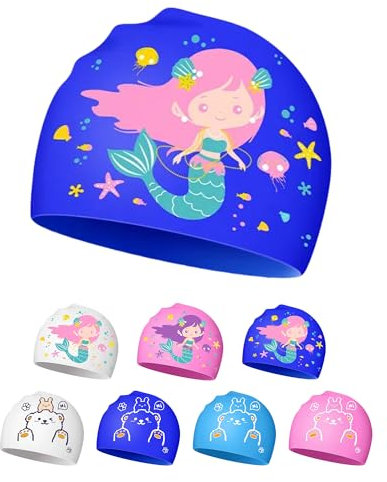 Badekappe für Kinder von 4-12 Jahren, wasserdichtes Silikon mit niedlichen Mustern (Blau Seejungfrau)