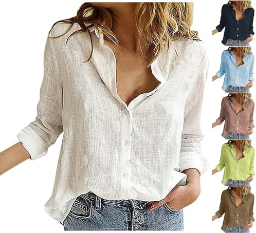 HXRYPG Chemisier Lin Femme Chic et Élégant Blouse D'été Col en V Chemise avec Boutons Manches Longues Haut Coton Lin Tunique Tops Ample Grande Taille Shirt pour Femmes Tenue Blanc M