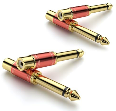 SOUNDFAM Adattatore Audio RCA a Jack 6,35mm [4 Pezzi] - 6,3mm 1/4'' TS Maschio a RCA Femmina (Mono 6,35mm TS, 24K Dorati, Rosso)