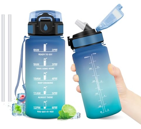 500 ml flaska, läckagesäker, återanvändbar flaska, flaskor med sugrör och tidsmarkörer, BPA-fri, motiverande vattenflaska för barn, skola, kontor, yoga
