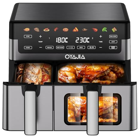 Airfryer Dual Basket 10L 2 Körbe 2 Gerichte Gleichzeitig Fertig Weniger Fett Energieeffizient Einfache Reinigung Airfryer - Digitaler Touchscreen Beleuchtetes Sichtfenster Silber&Schwarz