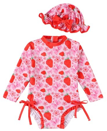 JiAmy Traje de baño de bebé niña con sombrero de sol manga larga protección UV traje de baño para bebé niña traje de baño traje de baño, Rosa fresa., 2-3 Años