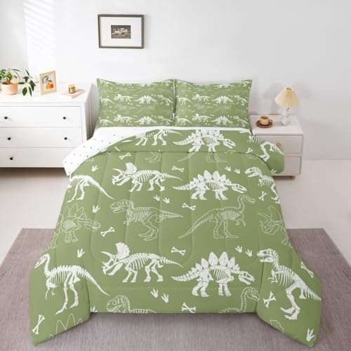 Loussiesd Juego de ropa de cama con diseño de huesos de dinosaurio, fósiles de dinosaurios de la selva, para niños, niñas, adolescentes, animales salvajes, tamaño King, transpirable, color verde y