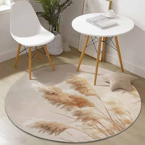 Generico Tappeto Rotondo Salotto Lavabile, Surrealismo Piante Canne Antiscivolo Tappeto - Beige Chiaro Tappeto Rotondo con Supporto 160 cm (Rond) Tappeti per Cameretta Bambino Ufficio Corridoio