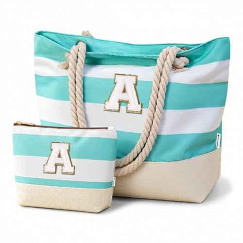 Vavabox Initial Beach Bag with Zip＆Pockets, Personalised Gifts for Women | Waterproof Foldable Large Beach Tote Bag Set for Travel Swimming Pool, Holiday Essentials