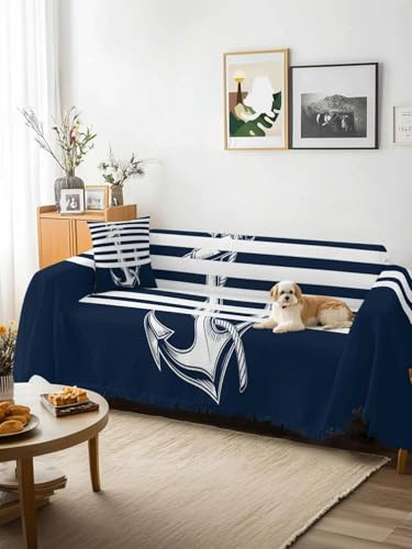 Navy Blue Anchor Sofa Cover Blanket Couch Covers for Armchair Cushion,Couch Sofa Silpcover with Tassel,Nautical Coastal Abstract Art Living Room Bedroom Throw Towel Blanket Covers XX-L 71x150
