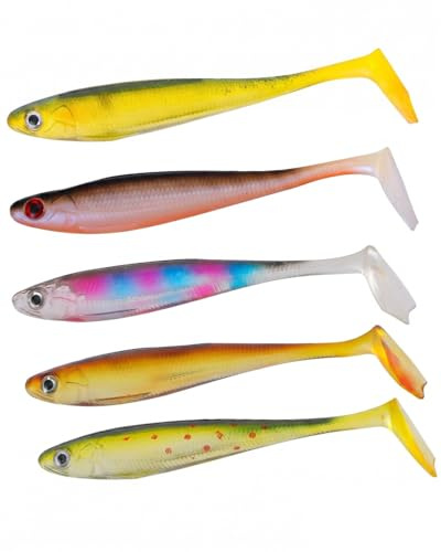 UEAVOID Gommini da Pesca 9cm, Set 5 Esche Artificiali in Gomma 5 Colori Paddle Tail Senza Amo, Soft Baits Ideali per Luccio, Zander, Persico, Trota.