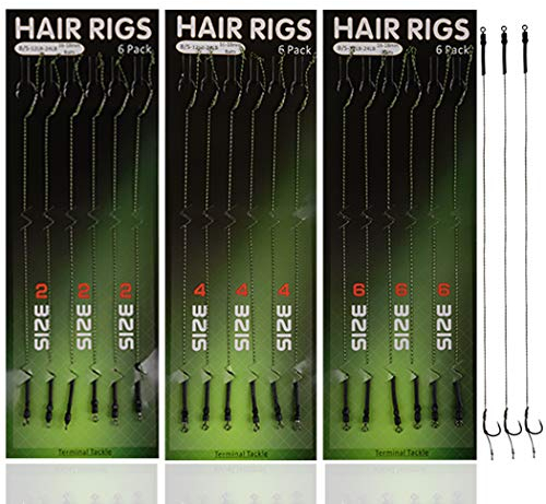 SHADDOCK 18pcs Carp Fishing Hair Rigs with Barbed Hooks, Braided Line, Anti-Tangle Sleeves, Boilies, Size 2, 4, 6