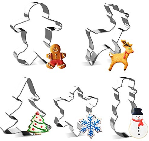 Christmas Cookie Cutter Set - Joyoldelf 5 Piece Stainless Steel Snowflake, Christmas Tree, Reindeer, Gingerbread Boy, Snowman for Kids