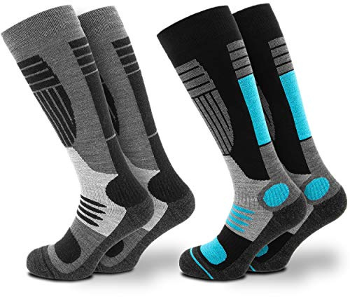Occulto 2 Paar DAMEN SKISOCKEN mit POLSTERUNG in verschiedenen Farben, THERMO WINTERSOCKEN für SKI und SNOWBOARD 1 Paar Türkis | 1 Paar Weiß 39-42