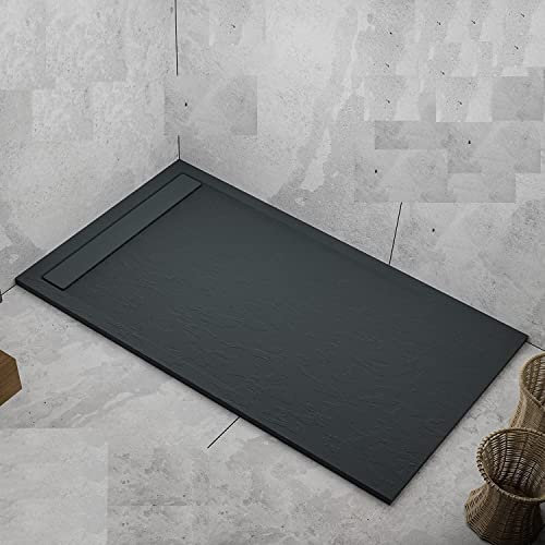 Plato de ducha gris antracita RAL7011 con efecto piedra de pizarra, serie Lisboa, 3 cm, revestimiento de gelcoat, antideslizante