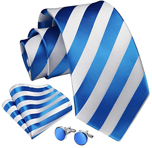 Enlision Stripe Ties for Men Formal Wedding Blue and White Tie Handkerchief Cufflinks Set Men's Necktie and Pocket Square Set