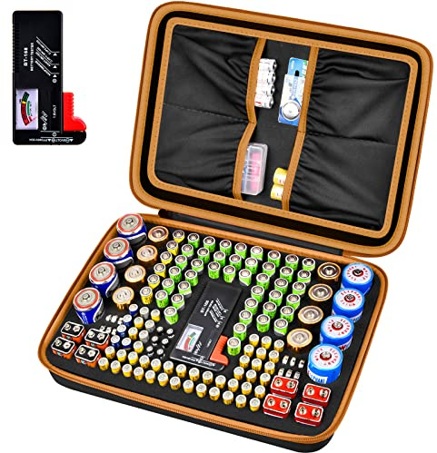 Comecase Battery Organizer Storage Box, Carrying Case Bag Holder - Holds 140+ Batteries AA AAA AAAA C D 9V - with Battery Tester - Brown(Batteries are Not Included)