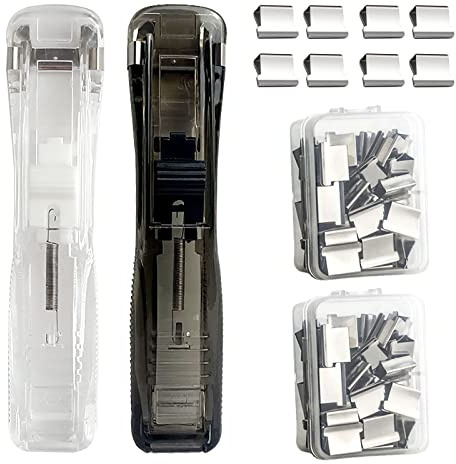 WUDQIJI Clam Clip Dispenser, 2 stycken klämdispenser, klämma, dispenser, rostfritt stål, påfyllningsklämmor, dispenser, återanvändbar kreativ staplare med 100 stycken klämmor för fixering, löst bladpapper