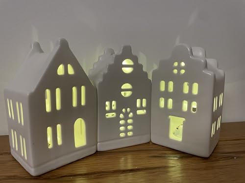khevga Timer Weihnachtsdekorations LED Haus 3er Set – weiß aus Keramik, Lichthäuser für Winterdeko, Weihnachtsdorf, Fensterbank, Regal & Tisch Zuhause