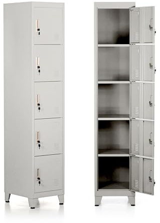 Brigros - Armadietto Metallico Multiuso con Serratura, 5 Ante, Grigio, 180x45x38 cm, Armadio Spogliatoio Salvaspazio in Metallo per Ufficio o Spogliatoio