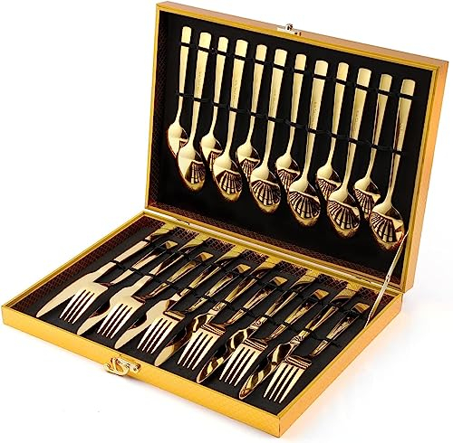 Cutlery Set, OGORI 24 Piece Stainless Steel Flatware Set, Gold Forged Tableware Silverware Set with Square Handle, Spoon Knife and Fork Set Service of 6