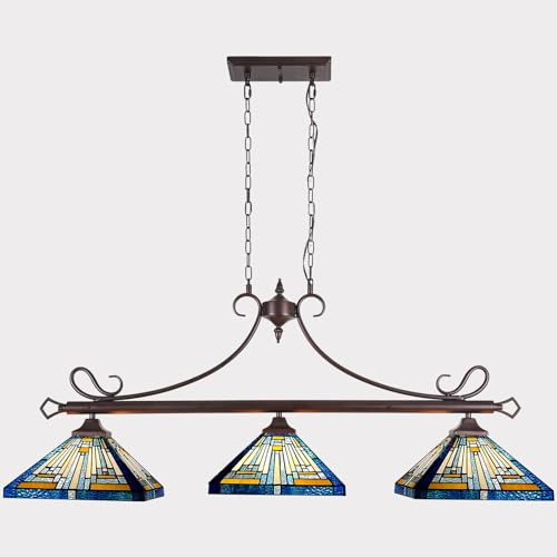 Capulina Tiffany Lamp Stained Glass Chandelier Pool Table Light 3-Light 12 Inches Wide Blue Amber Antique Tiffany Style Pendant Light Decor for Dining Room Kitchen Island Home Office