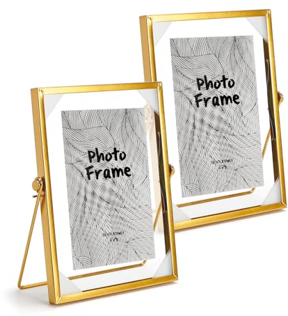 SWAWIS 2x Bilderrahmen Stehend Glas A5, 15 * 20cm Glas Metall Fotorahmen, Retro Gold Glasbilderrahmen, Glasrahmen für Desk Decor DIY Bilder, Winkel der Klammer 40°