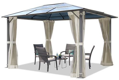 TOOLPORT Gartenpavillon 3x3,65 m Polycarbonat Dach ca. 6 mm - Hardtop Pavillon mit 4 Seitenteilen und Moskitonetzen in crème