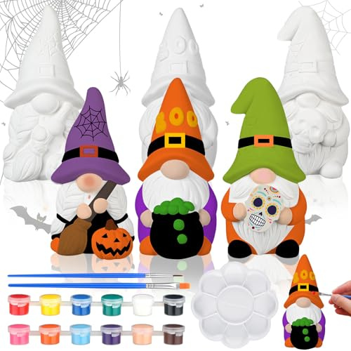Youyole 3 Pack Ready to Paint Your Own Gnome Statues, 4 Mini Blank Ceramics Unpainted Gnome Figurines Craft DIY Art with Brush Palette Paint for Adults (Halloween)