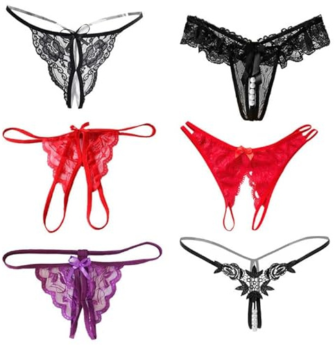 TICKLELY Lot de 6 Tanga Femme Dentelle Sexy sous-vêtements avec Ouverture Ouverte Fleur de Perle, Noir