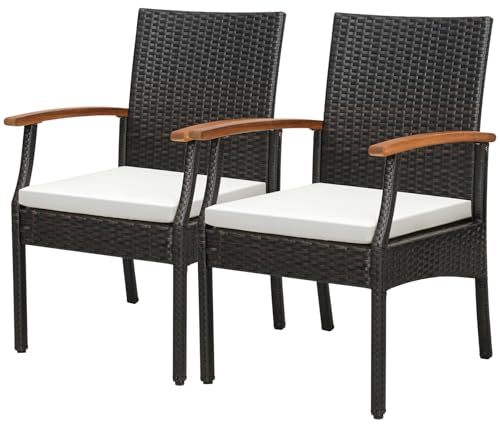 LIFEZEAL Rattan Balkonstuhl 2er Set, 2 Stück Gartenstühle Outdoor, Terrassenstühle mit Armlehnen & Kissen, Gartensessel für Terrasse, Balkon, Schwarz