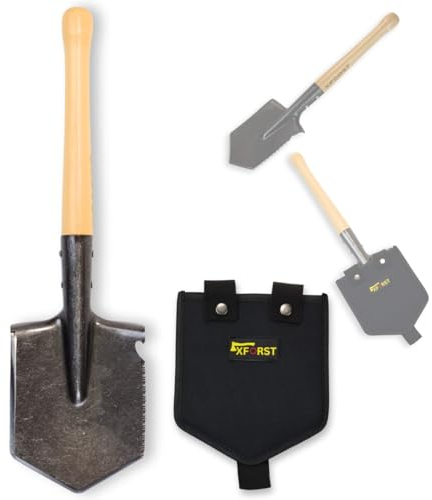 Xforst FS1 Pelle bêche de survivalisme Camping avec Manche en Bois et Housse – avec Lame en Acier Tranchante et Poignée en Bois Ergonomique, Idéale pour Le Jardin, Le Camping et la Survie
