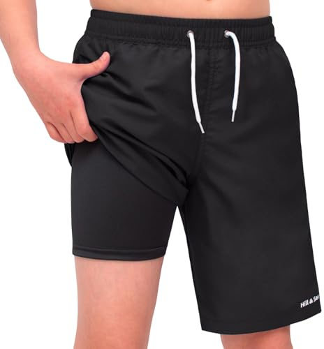 Hill & Sea Maillots de Bain garçon à séchage Rapide, Shorts de Plage 2 en 1 pour Enfants avec Doublure de Compression, Cordon de Serrage réglable, Noir, Tailles 140-176
