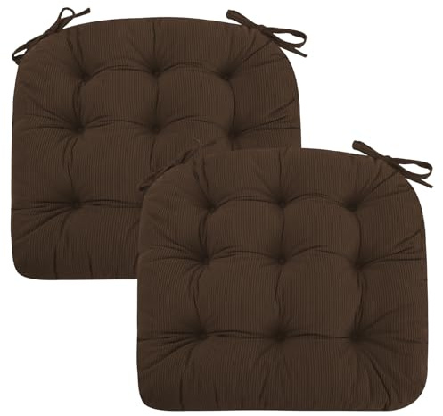 PRIMEPATIO Seat Pads for Dining Chairs Set of 2, 45x45cm, Brown | 7cm Thick Tufted Chair Cushions with Ties, Reversible and Soft, Comfortable for Kitchen, Garden, Indoor Outdoor Use