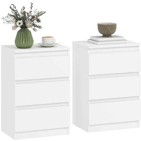 HOMCOM Nachttisch, 2er Set Beistelltisch mit 3 Schubladen, Nachtschrank, Nachtkommode für Schlafzimmer, Wohnzimmer, 40 x 30 x 59,5 cm, Weiß