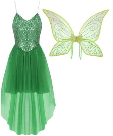 Costume de fée pour femme avec haut à paillettes scintillantes et jupe en tulle - Déguisement d'elfe magique avec ailes pour carnaval et fête