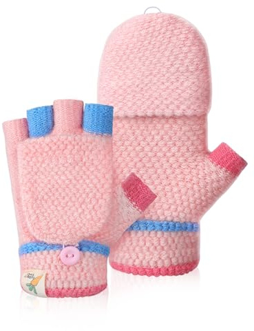 Kiiwah Guanti Senza Dita con Copertura per Bambino Bambina 2-5 Anni, Guanti Invernali Bambino Mezze Dita Termici Touch Screen (Rosa)