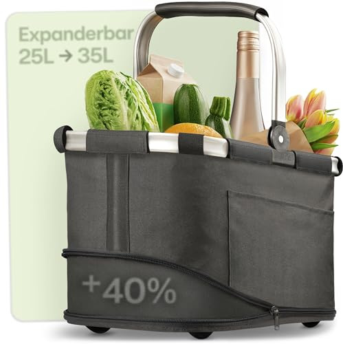 Praknu Hopfällbar Shoppingkorg Stor – 2 i 1 Utbyggbar från 25L till 35L – Tvättbart Tyg – Stabil med Aluminiumram & Förstärkt Botten – Extra Fickor invändigt & utvändigt – Svart