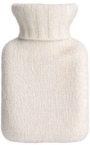 MIJOMA Varmvattenflaska 0,5 l med mjukt stickat överdrag – liten gummivarmvattenflaska med chenille-fodral – perfekt för mage, rygg och barn – naturlig värme för hem och på språng (off-white)