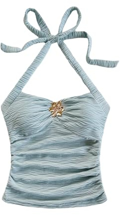 Awinclo Women's V Neck Halter Tops Open Back Y2k Ruched Floral Metal Summer Going Out Cami Tops